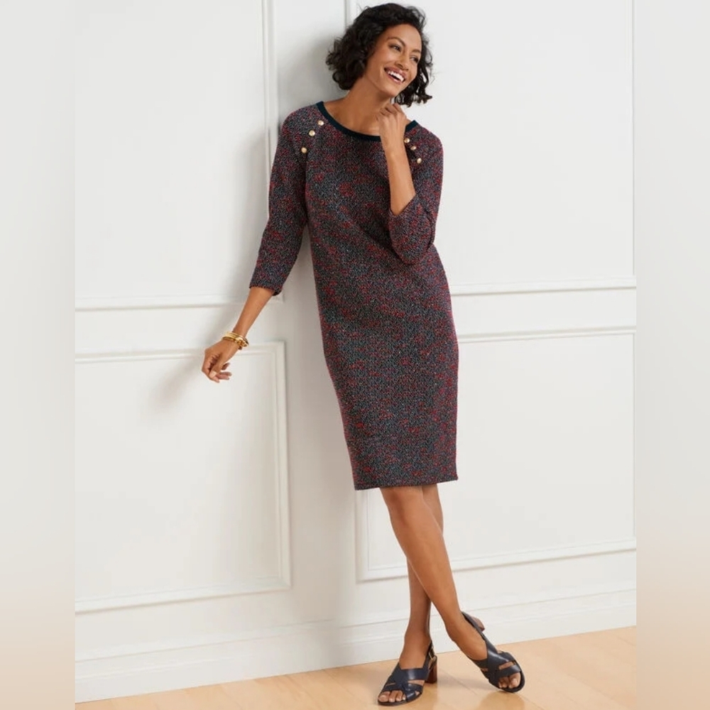 NWT Talbots Blue Red Tweed Sheath 3X Gold Button Detail Classic Fall Dress